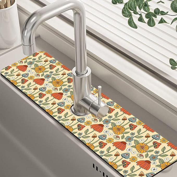Abstract 70s Mushroom Floral Sink Faucet Absorbing Mat Sink Splash Guard Faucet