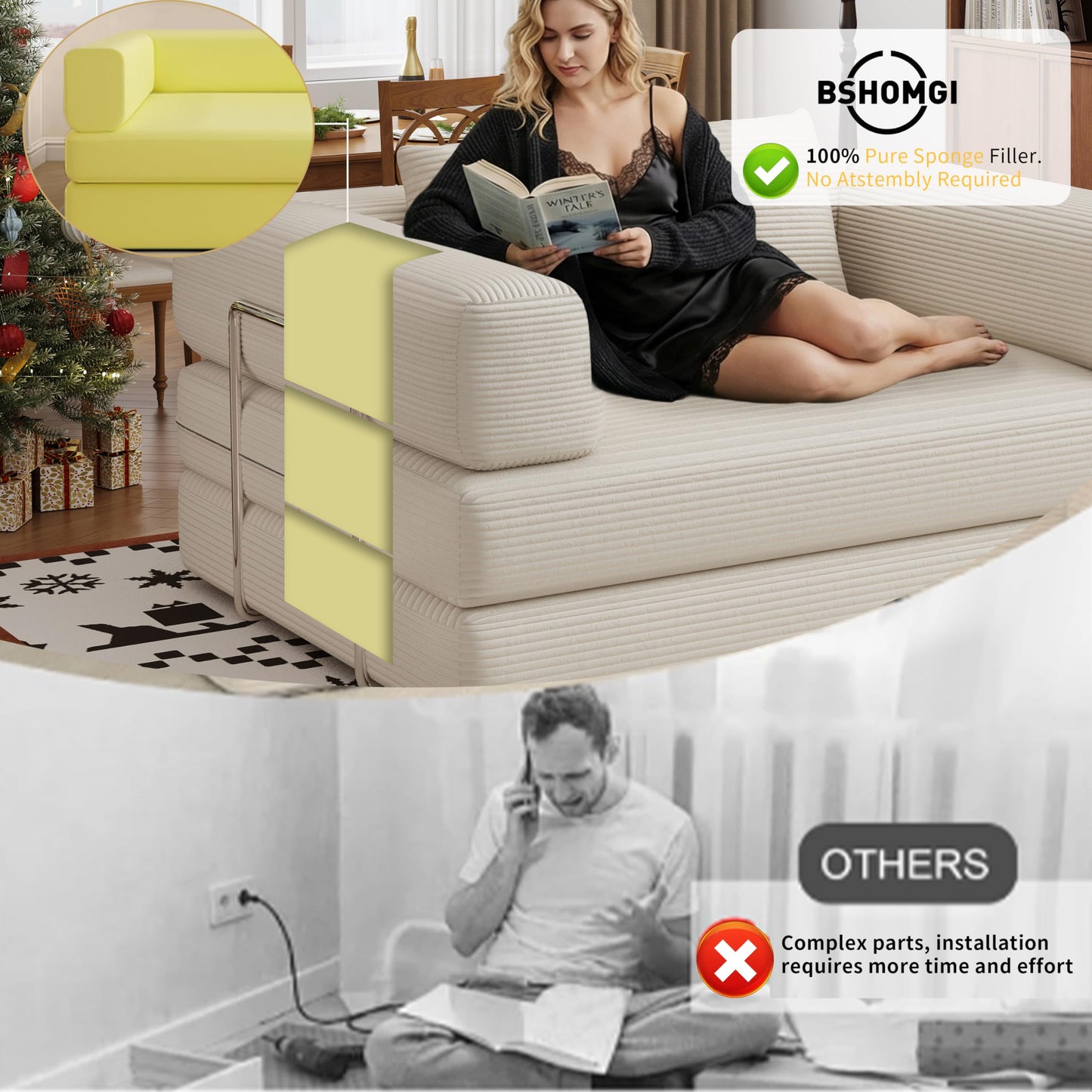4 in 1 Convertible Sofas Boneless Couches with 2 Pillow, Modern Corduroy Futon Bed, Modular Queen Sofa with Pull-Out Bed, LoveSeat for Living Room, Small Space Apartment (Beige, 53.15"Double Sofa)