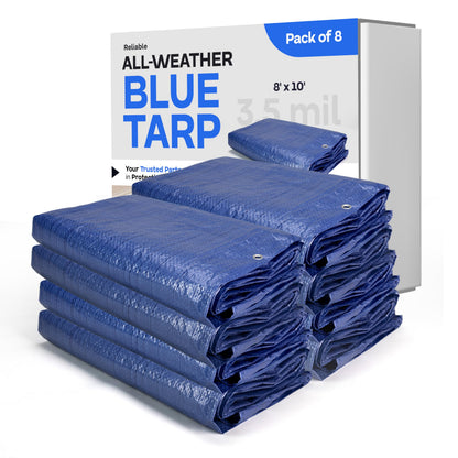 Blue Tarps Waterproof 8'x10', Pack of 8 - USA-Made 3.5 mil Thick Camping Tarp for Car, Boat & Storage Cover - Heavy-Duty Poly Tarpaulin with Grommets for Indoor and Outdoor Protection by IDL Packaging