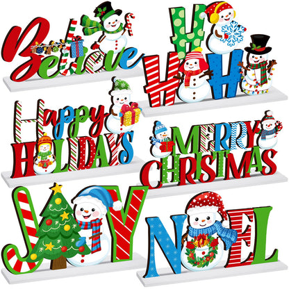 CroBlissful 6 Pcs Christmas Table Decoration Merry Christmas Table Sign Happy Holiday Snowman Wooden Tabletop Centerpieces for Xmas Winter Party Supplies Home Decor