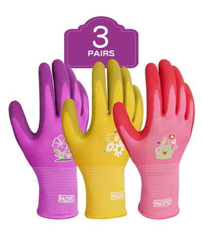 PACIFIC 3 Pairs Gardening Gloves for women, Rubber Coated Garden Gloves, Ladies Yard Work Gloves, Breathable, Purple & Yellow & Red, Medium