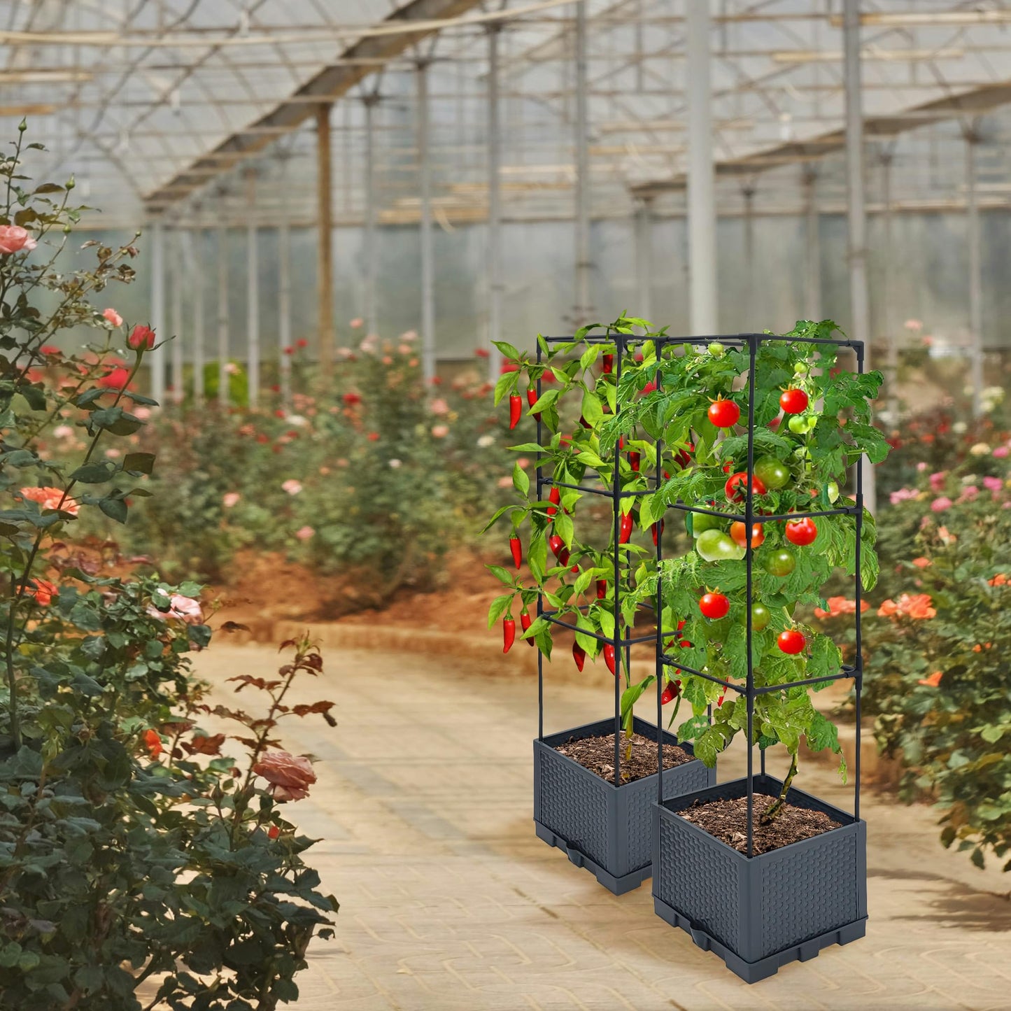 Sumloty Raised Garden Bed Planter Boxes, 1 Pack 44" Self-Watering Tomato Planter with Trellis for Climbing Vegetables Plants Grape Fruit Flowers,Use for Indoor Outdoor Garden Patio