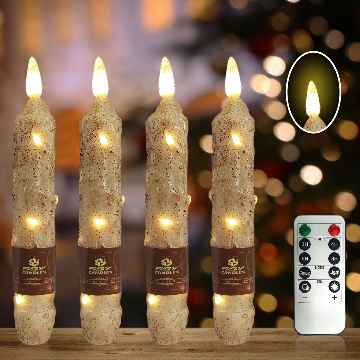 6.5 inch Natural Wood Color Flameless Taper Candles LED Flickering with 10-Key Remote, Battery Operated Led Warm 3D Wick Light Window Candles Real Wax Pack of 4, Christmas Home Wedding Decor