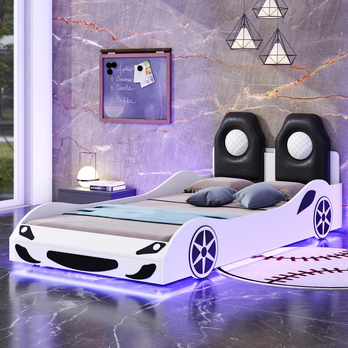 Bellemave Wood Twin Size Race Car-Shaped Platform Bed with LED and Upholstered Backrest, Platform Bed Frame with Race Car-Shaped and Safety Guardrails for Boys, Girls (White)