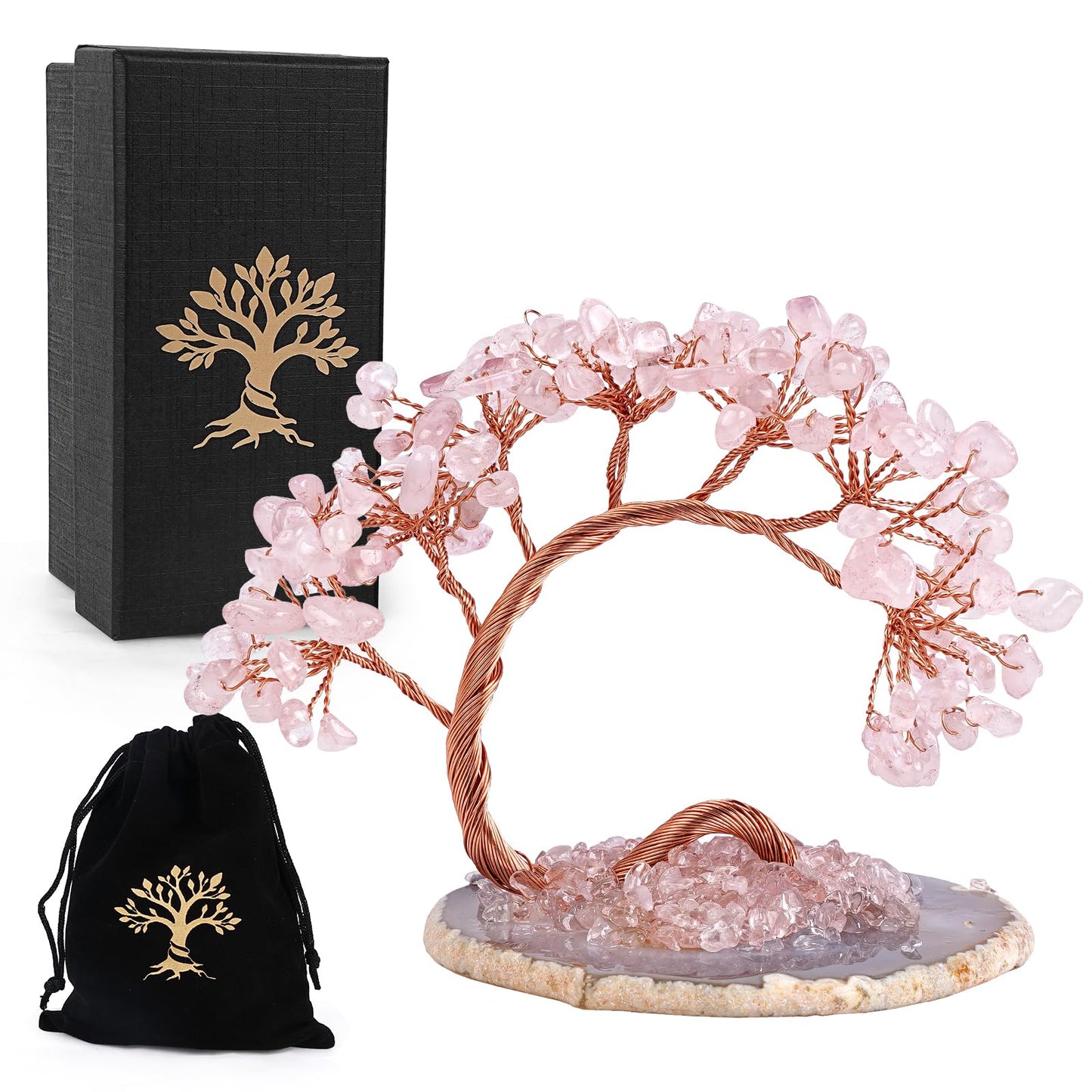 Rose Quartz Crystal Tree with Agate Slice Base - Handmade Feng Shui Money Tree for Love & Abundance, Mini Pink Desk Bonsai, Heart Chakra Healing Decor & Gift