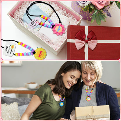 Ferreve 24 Sets Mother's Day Beads Necklace Crafts Kit Mother's Day Gifts DIY Mom Wooden Flowers Necklace Kits Bulk Make Your Own Mom Gifts for Family Classroom Making Party Favors