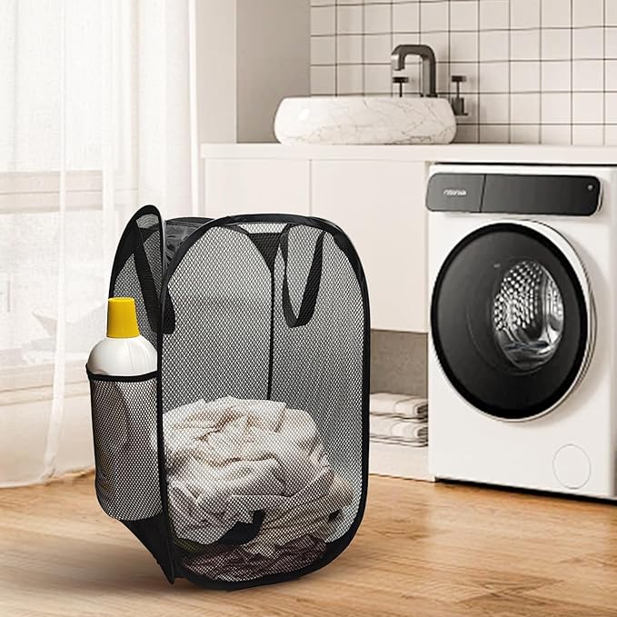 The upgraded pop-up laundry basket features a breathable side pocket mesh design