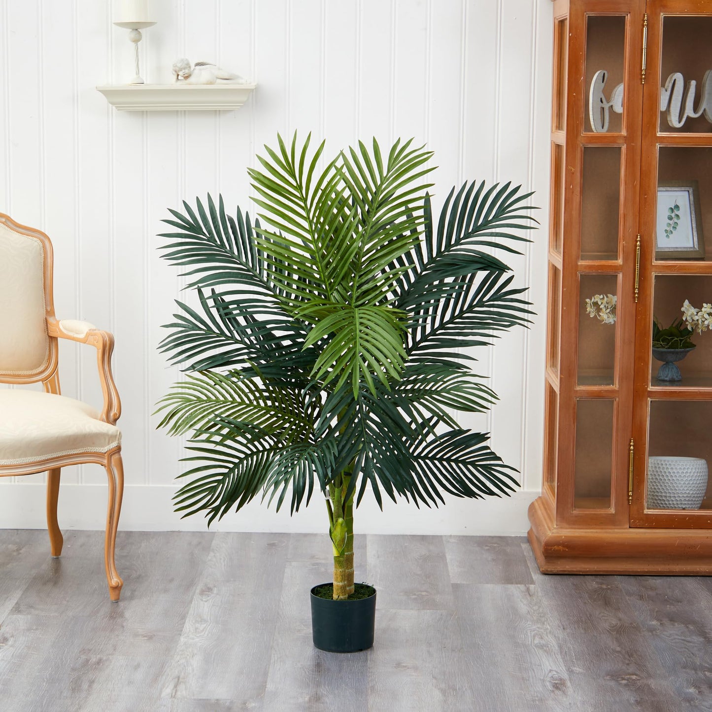 Nearly Natural 4ft Golden Cane Palm, Double Stalk Artificial Tree With Lush Realistic Foliage Maintenance Free Indoor Faux Palm Plant For Living Room, Easy Setup, Perfect Tropical Decoration