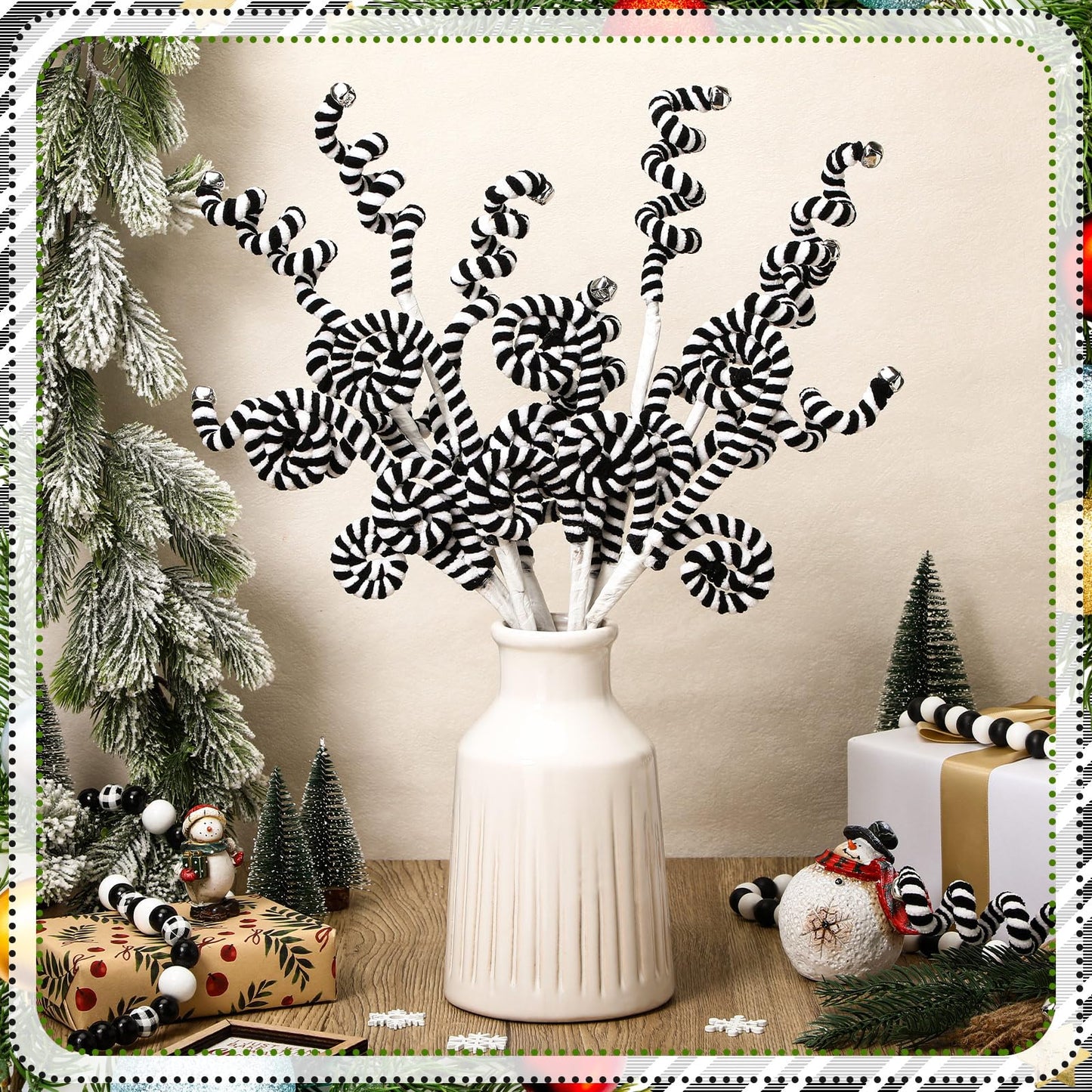 Soulchen 15 Pcs Black and White Christmas Tree Picks Decorations Curly Pick Christmas Tree Stems for Xmas Home Decorations DIY Vase Filler Holiday Crafts Ornaments for Wreath Garland