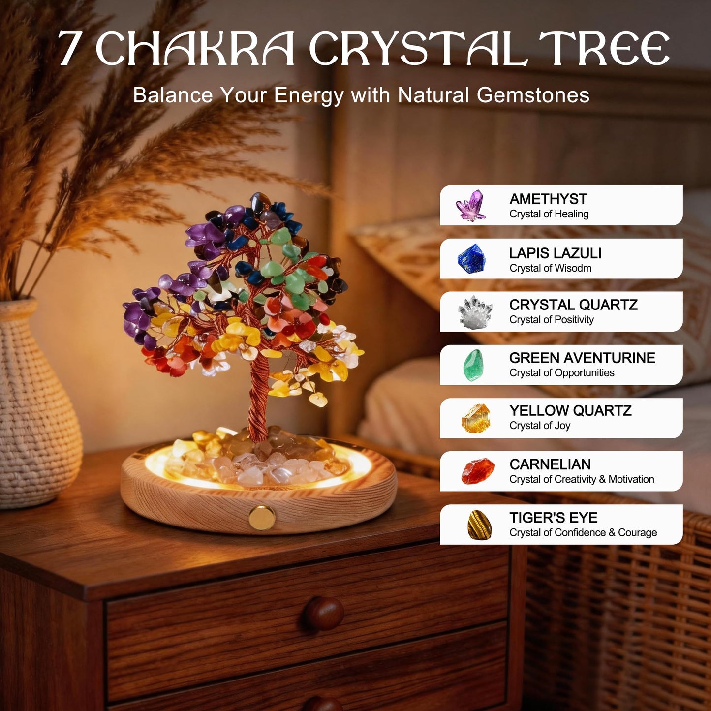 JLDTOP 7 Chakra Crystal Tree LED Night Light Glass Dome Healing Desk Decor