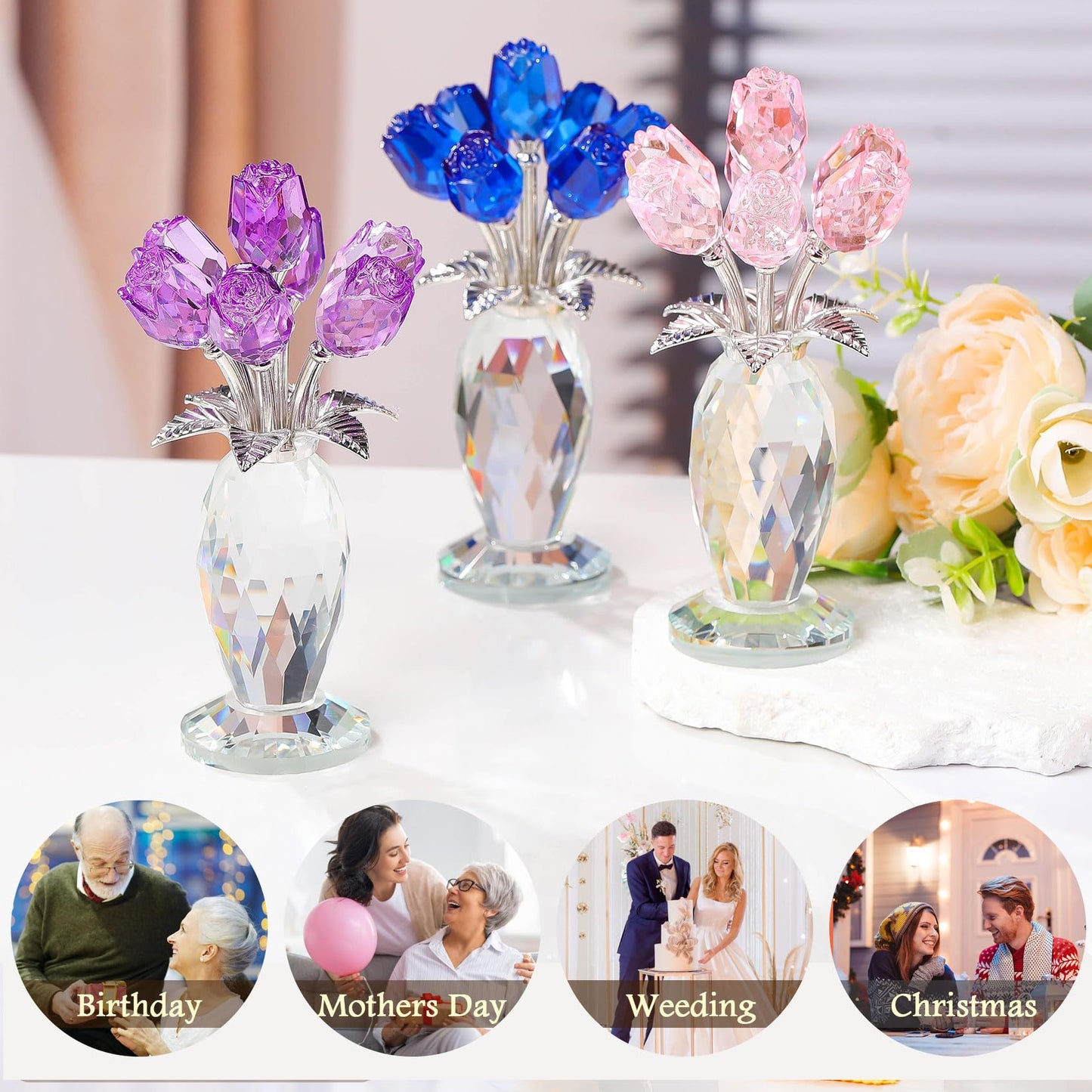 Movdyka Glass Rose Flower Pink Bouquet Crystal Figurines Home Decor