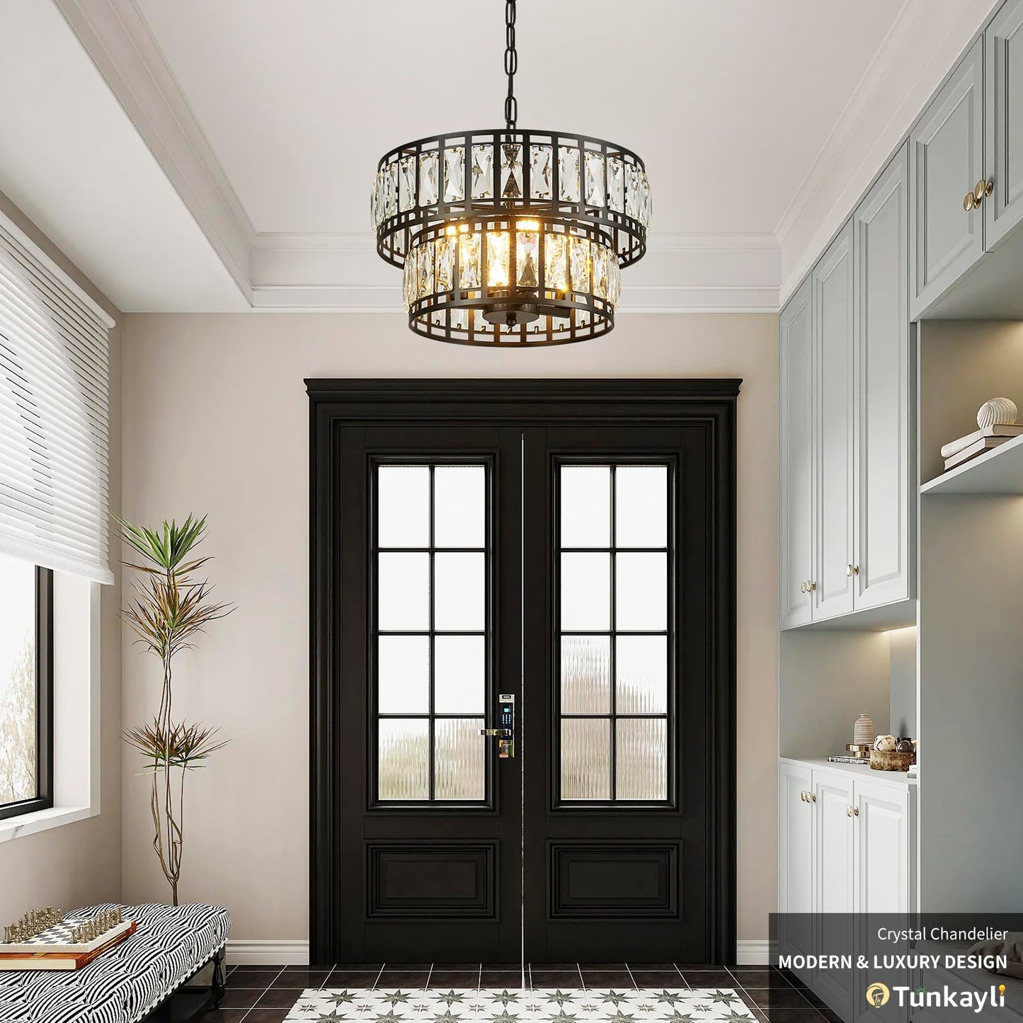 Tunkayli 15.7" Chandeliers for Dining Room, Modern Black K9 Luxury Crystal Chandelier, 4-Light 2-Tier Drum Farmhouse Lighting Fixture for Kitchen Island Living Room Entryway Bedroom Foyer