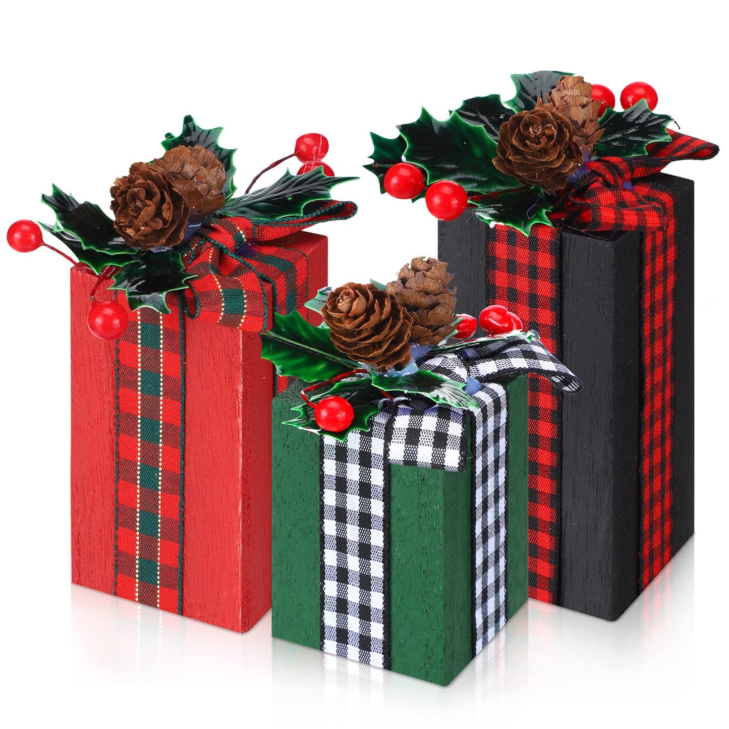 Amyhill 3 Pcs Christmas Wooden Gifts Box Decor Christmas Plaid Presents Table Centerpieces Rustic Wooden Gifts Tiered Tray Decor with Buffalo Plaid Bowknot for Xmas Party(Red, Green,Berry Style)