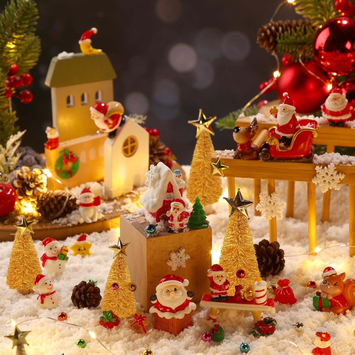 Roowest 96 Pcs Miniature Ornaments for Snow Globe Kit DIY Christmas Village Decoration Christmas Figurines Mini Ornaments with Snowman Reindeer Santa Claus Snowflake(Gold)