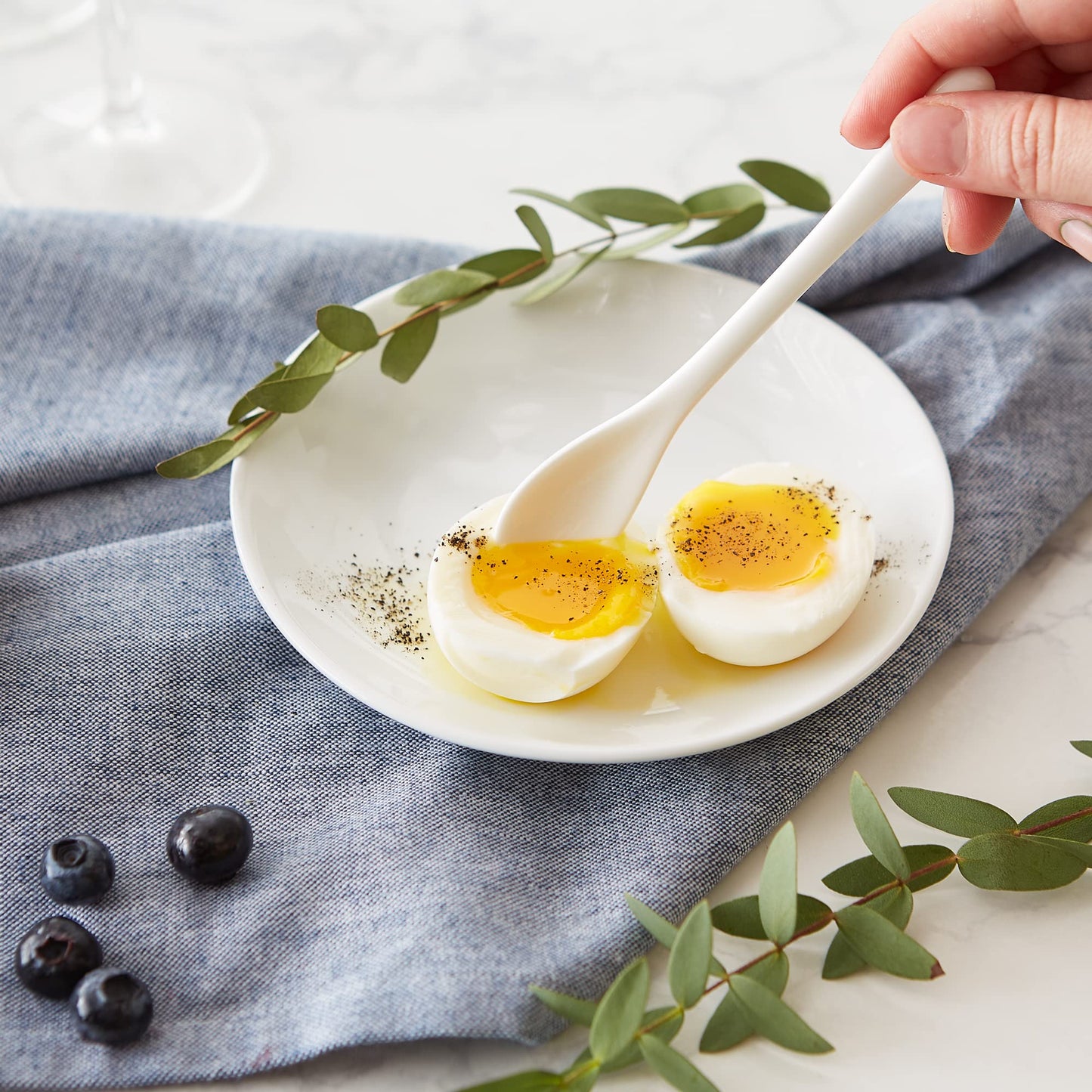 RSVP International Poached Egg Spoon, 4 Piece Set Multipurpose Use for Serving Jam, Honey or Soft Boiled Eggs, 5.5" Length, White Porcelain