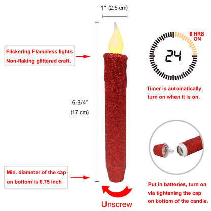CVHOMEDECO. Glitter Flameless Candles Flickering Battery Operated LED Taper Candles with Timer for Home, Wedding, Halloween, Christmas Decor. Red, 6-3/4 Inch, Set of 2