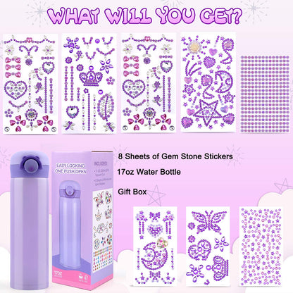 HULASO Christmas Gifts for Kids 7 Year Old Girls Decorate Your Own Water Bottles with Gem Stickers - DIY Birthday Gifts Arts and Crafts, BPA Free Stainless Steel Vacuum Insulated Mug (17 OZ)