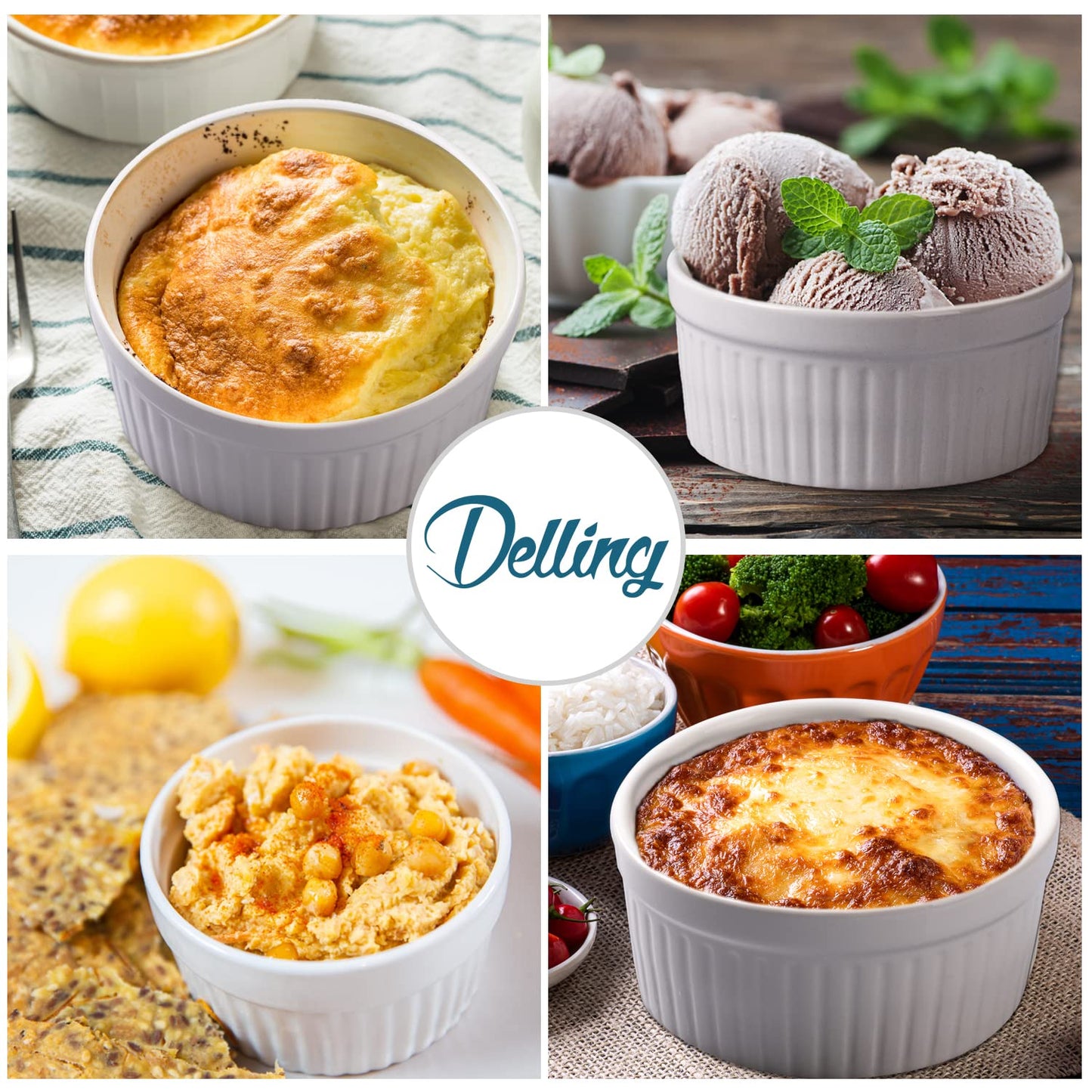 DELLING Ramekins 12 Oz Oven Safe Set of 6, Porcelain Souffle Dish for Baking - Creme Brulee Bowls for French Onion Soup Lava Cake Pudding, Stackable, White