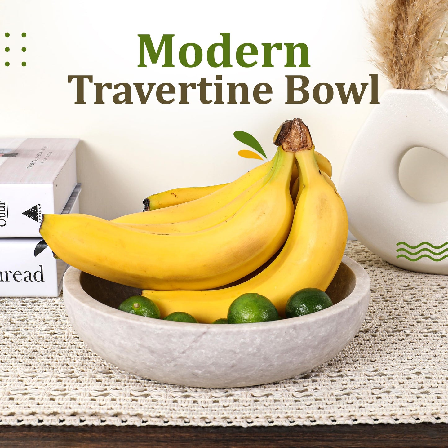 FNTSTICGOODS Travertine Decorative Bowl - 7.8” Diameter & 2” Height - Key Bowl for Entryway Table - Organic Modern Centerpiece - White/Gray
