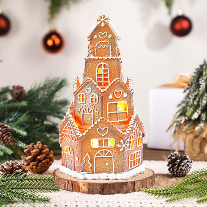 Beeveer LED Christmas Gingerbread House Decoration Resin Christmas Gingerbread Village Sets Xmas Village Collectible Figurines Home Decor Gifts 5 x 5 x 8.25 Inch
