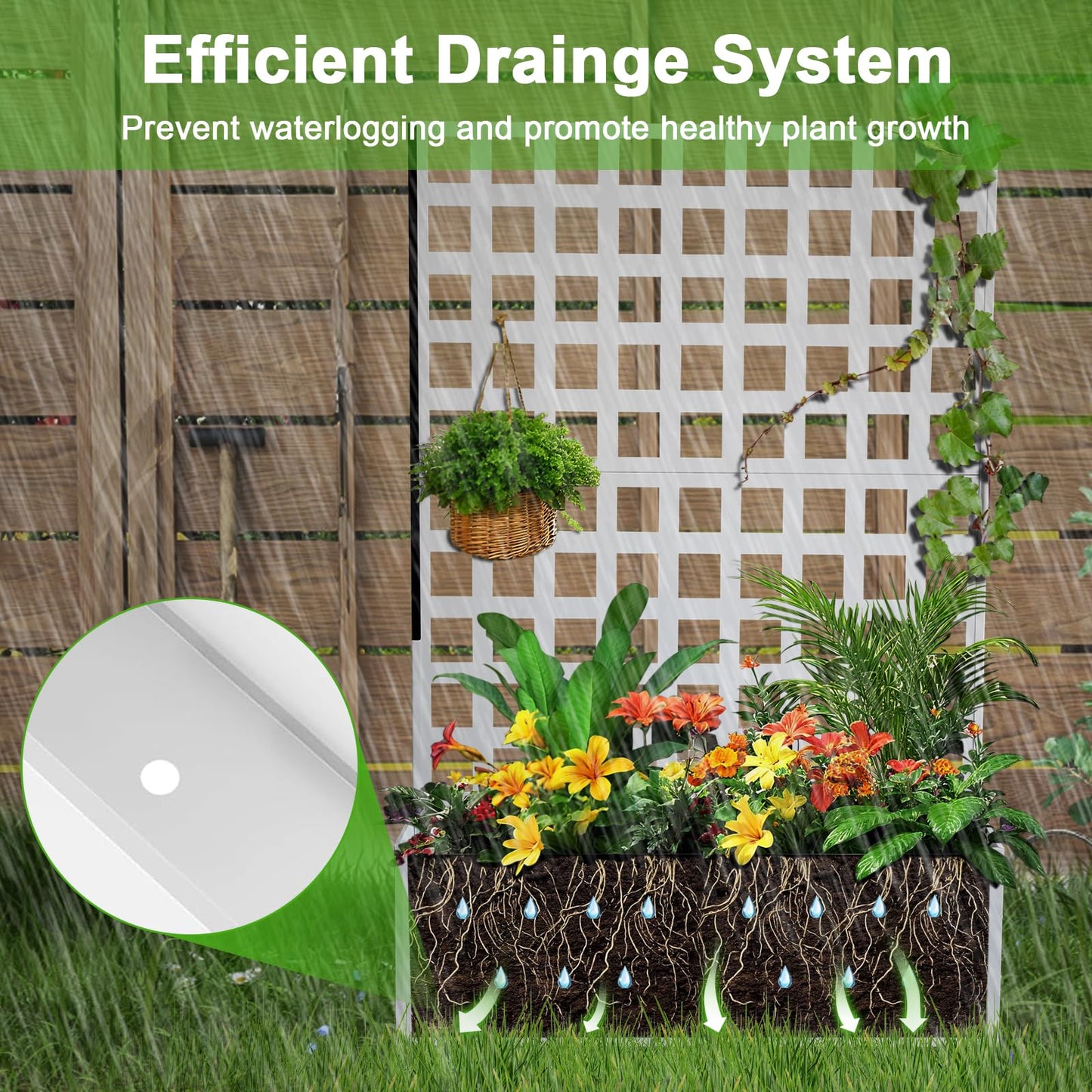 Metal Planter Box with Trellis, Outdoor Galvanized Raised Garden Bed with Privacy Screen & Drainage Holes & Lockable Casters for Climbing Plants, Vegetable