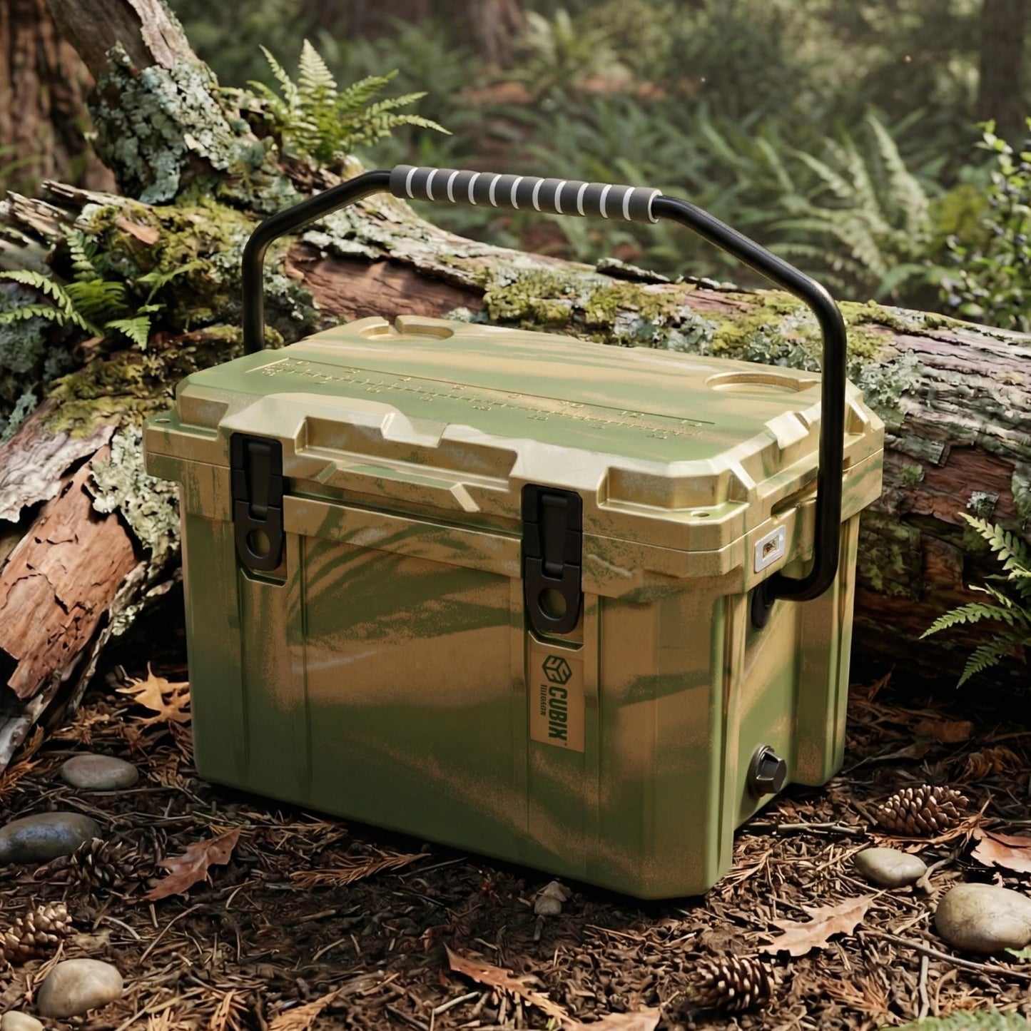 Cubix Outdoors, QuadraX 20QT Rotomolded Personal Small Cooler, Insulated Portable Hard Cooler Camping Ice Chest, Holds Ice for 72 Hours for Outdoor Activities, 2 Built-in Cup Holders, Hunter Camo
