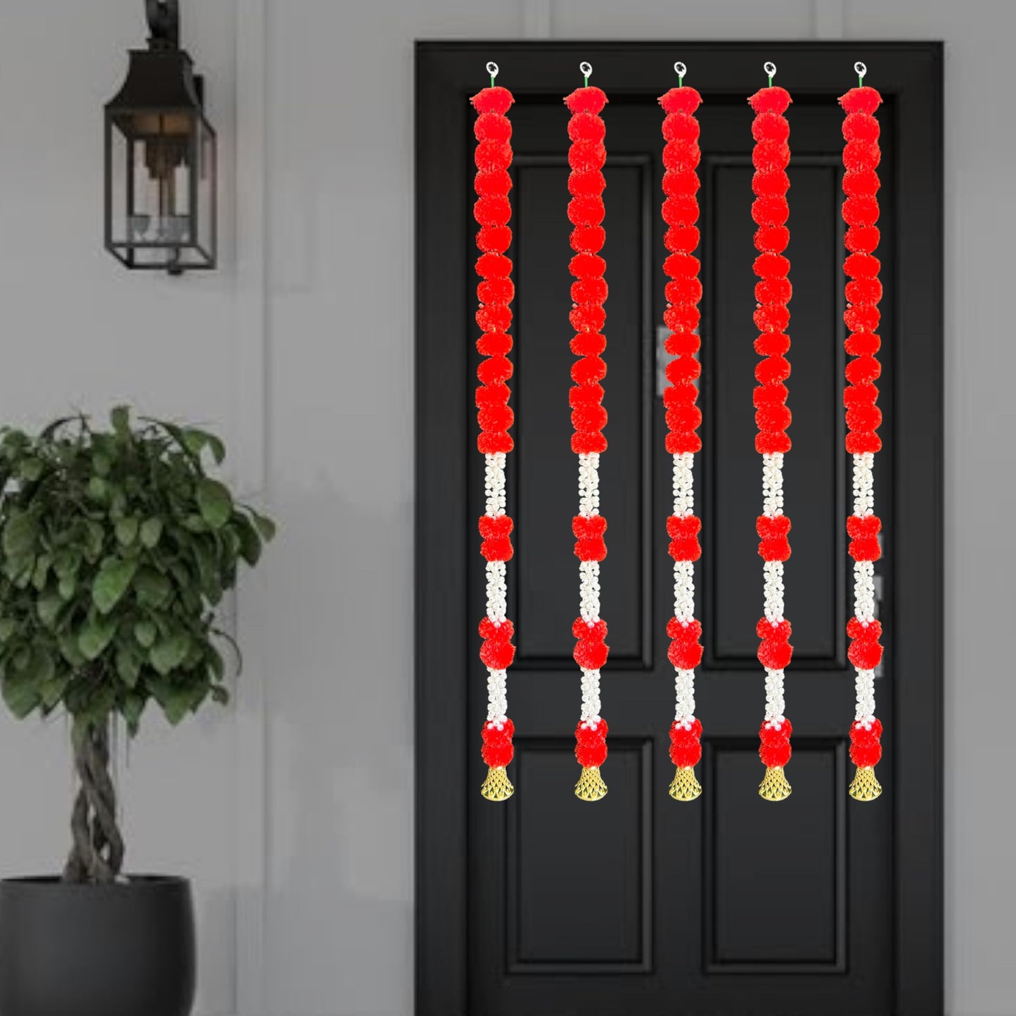 Rajasthan Kraft Pack of 5, Artificial Red Marigold Garland with Jasmine & Bell, 55 Inch Decorative Flower Strings for Home, Diwali, Pooja, Housewarming, Festival & Christmas Decor