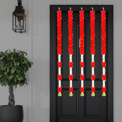 Rajasthan Kraft Pack of 5, Artificial Red Marigold Garland with Jasmine & Bell, 55 Inch Decorative Flower Strings for Home, Diwali, Pooja, Housewarming, Festival & Christmas Decor
