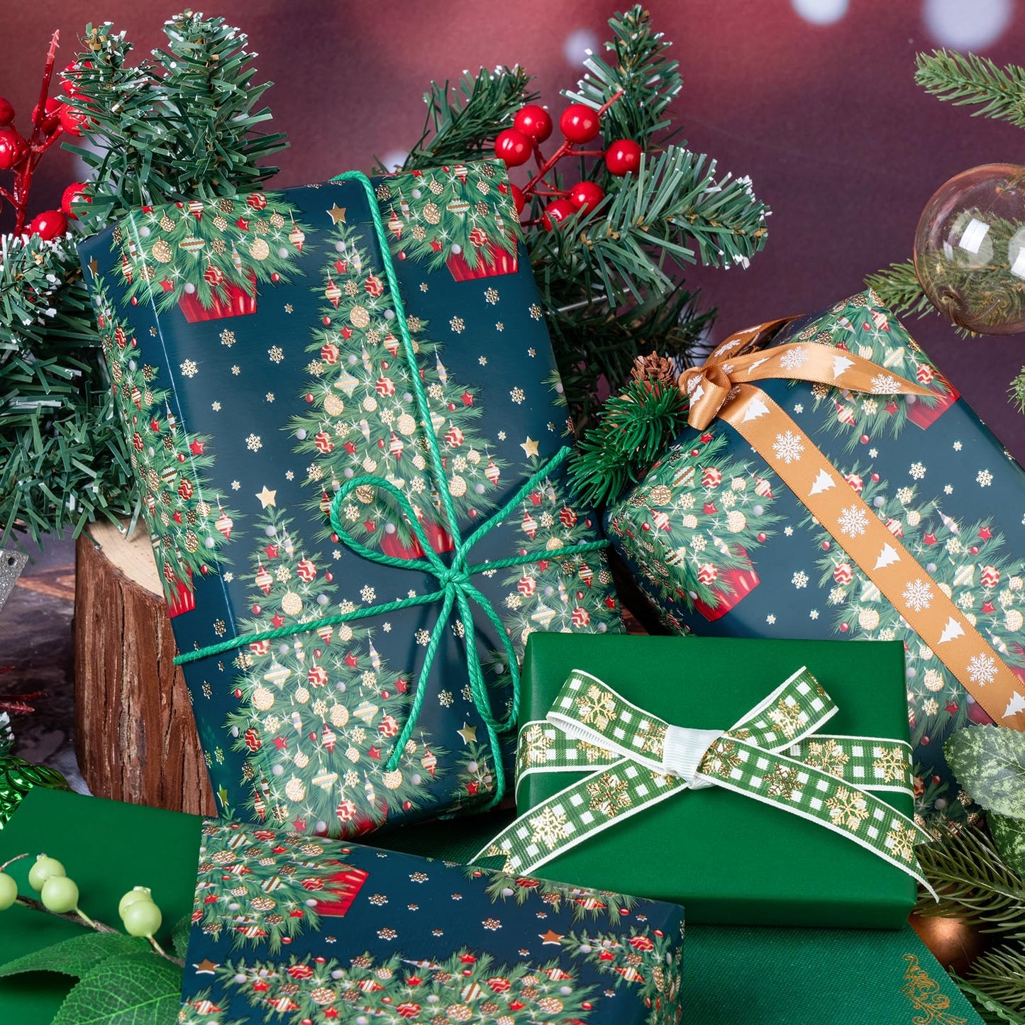 WRAPAHOLIC Reversible Green Christmas Wrapping Paper - Mini Roll - 17 Inch x 33 Feet - Green Christmas Tree Wrapping Paper for Holiday, Party Celebration