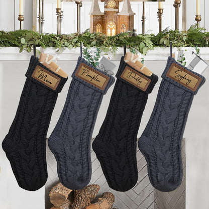 steo spce 4 Pack Personalized Christmas Stocking with Leather Patches Custom Name Family Christmas Stockings, 18.5” Large Knitted Xmas Stockings for Kids, Holiday and Fireplace Party Decoration
