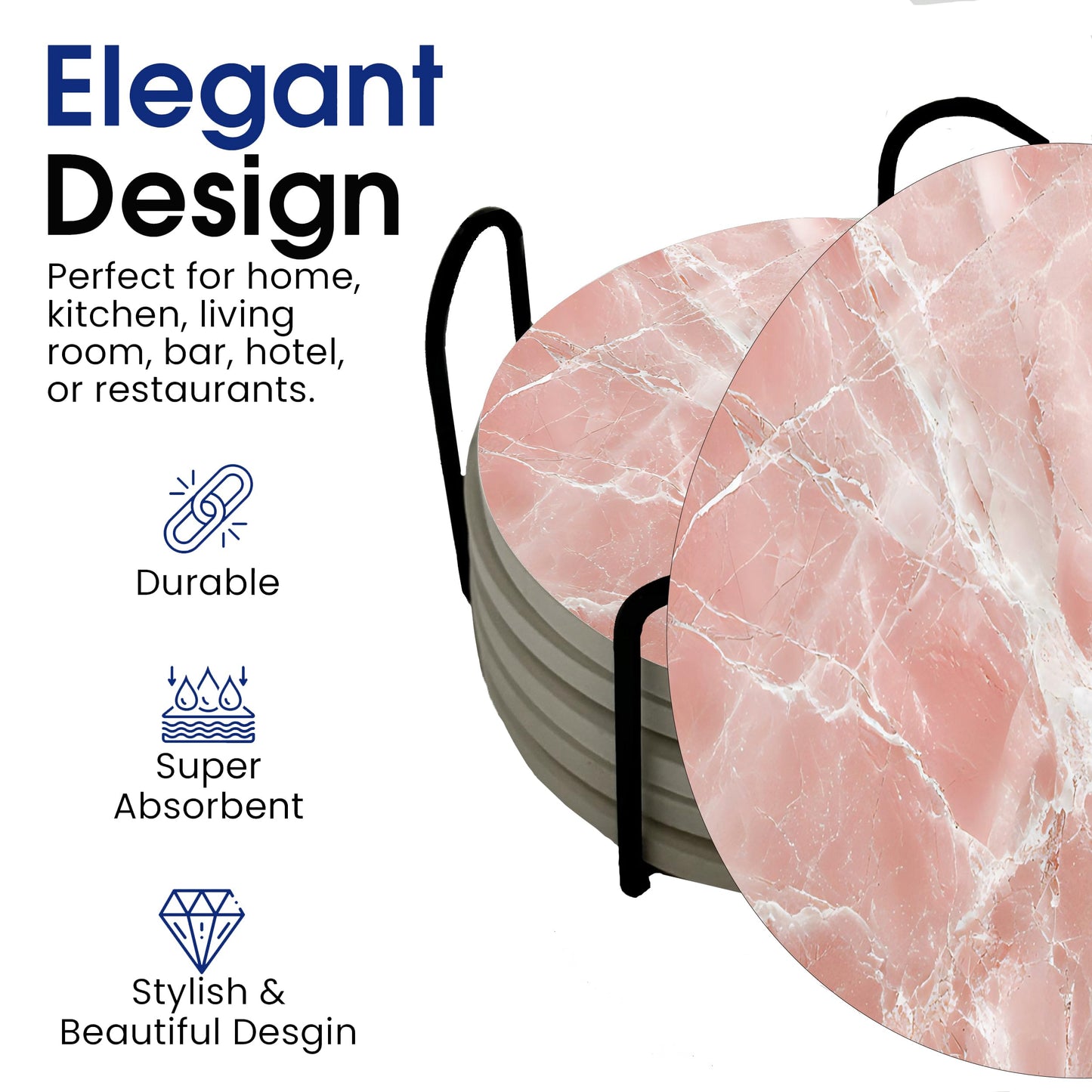 Pink Rose Quartz Agate Marble Round Coasters Set of 6 - Abosrbent Ceramic Coasters with Metal Stand for Drinks, Coffee, Non-Slip Cork Back Tabletop Protection, 4 Inches Marbled Pattern (White Pink)