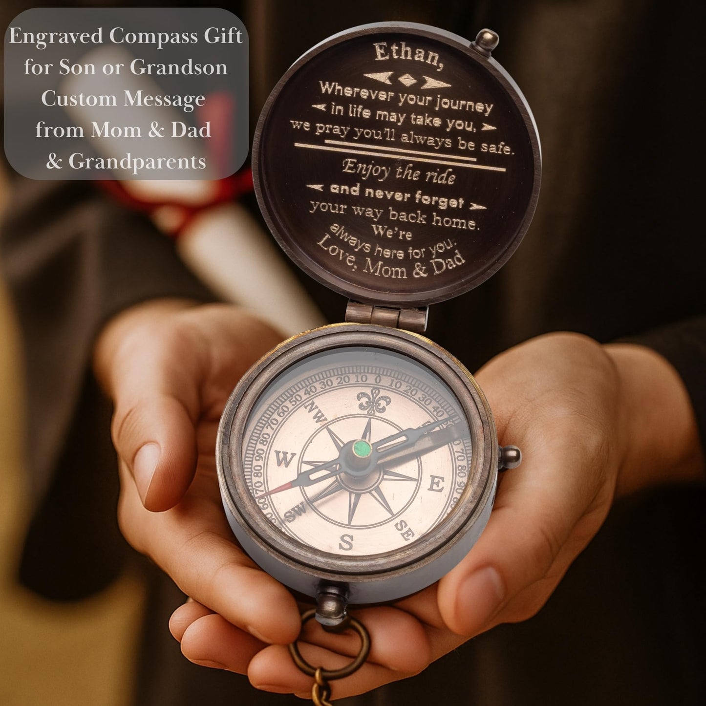 Engraved Compass Gift for Men – Personalized Brass Pocket Compass – Custom Antique Keepsake for Son, Husband, Boyfriend, or Dad – Graduation, Father’s Day, Anniversary, Birthday, or Christmas Gift