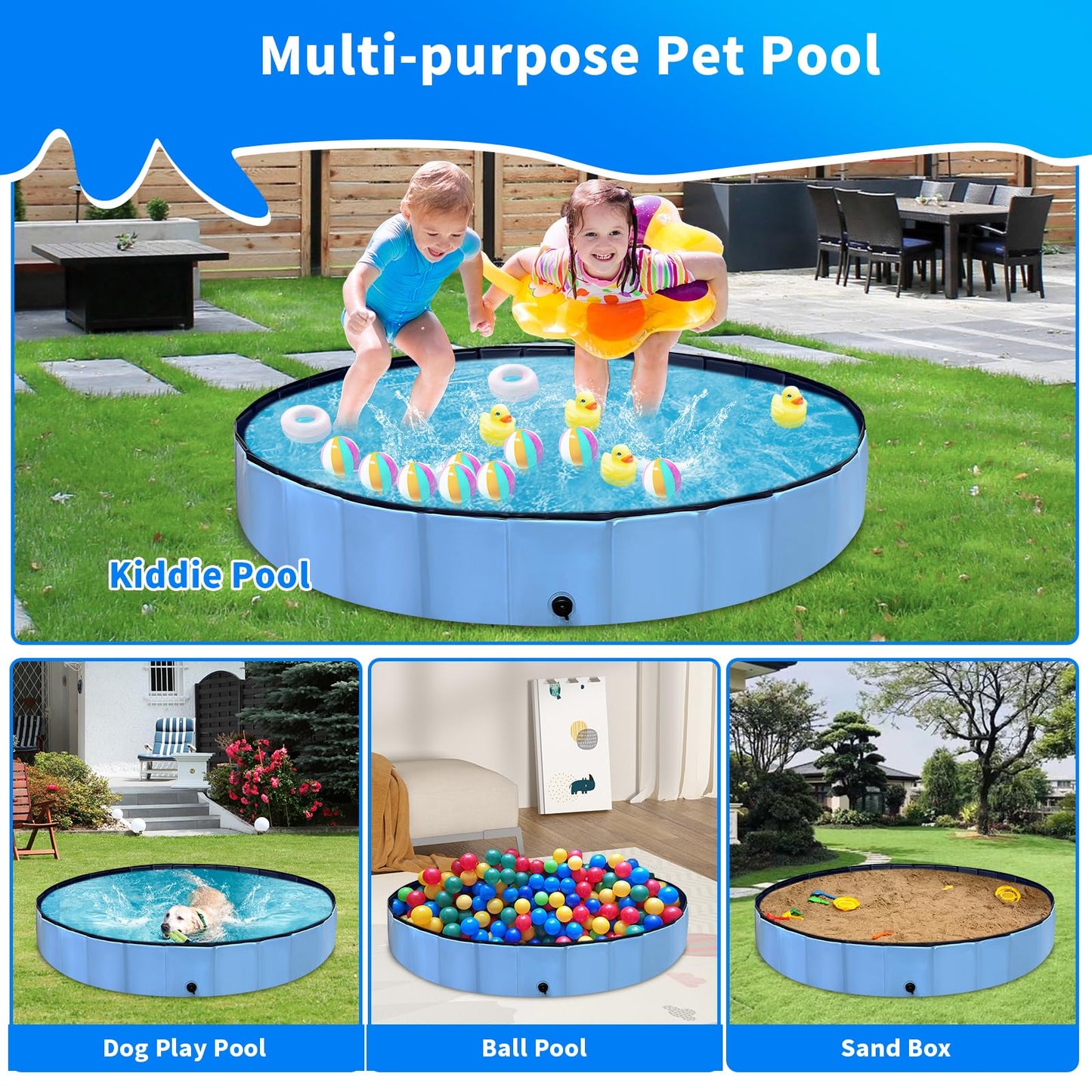 Thecvia Dog Pool for Large Dogs Foldable Kiddie Pool Hard Plastic for Toddlers 1-3, Pets Bath Tub Portable Kids Pool for Backyard Outdoor Play Pool for Doggie Kitty 64x12 inches