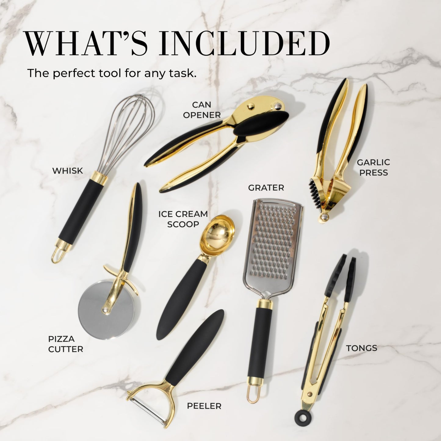 White & Gold Cooking Utensils Set - Luxe 8-Piece Kitchen Gadget Set Includes Can Opener, Tongs and Garlic Press - Stylish White and Gold Kitchen Accessories for Modern Kitchens, Ideal for Gifting