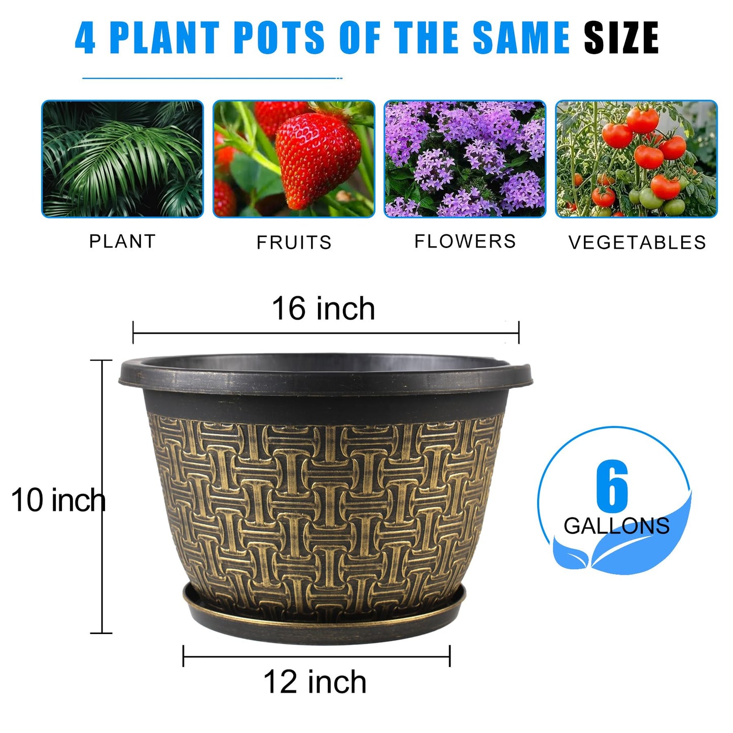Nooulap 4 Pack 16 Inch Planter,Large Plastic Flower Pots Outdoor Indoor with Drainage Holes & Trays, Retro Antique Imitation Decorative Garden Plant Pots Outdoor for Houseplants