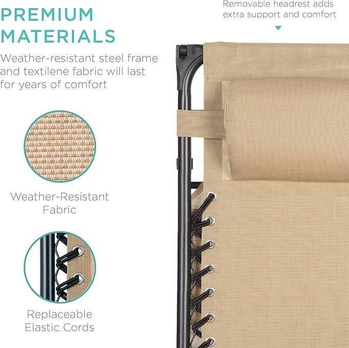 Best Choice Products Folding Zero Gravity Outdoor Recliner Patio Lounge Chair w/Adjustable Canopy Shade, Headrest, Side Accessory Tray, Textilene Mesh - Beige