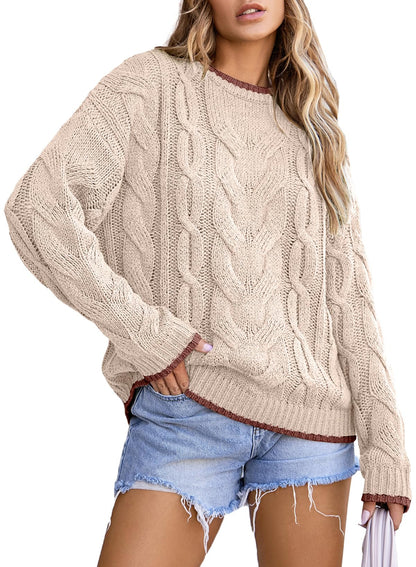 EVALESS Sweaters for Women Trendy Crewneck Long Sleeve Color Block Sweater Tops Fall 2025 Chunky Cable Knit Pullover Sweaters