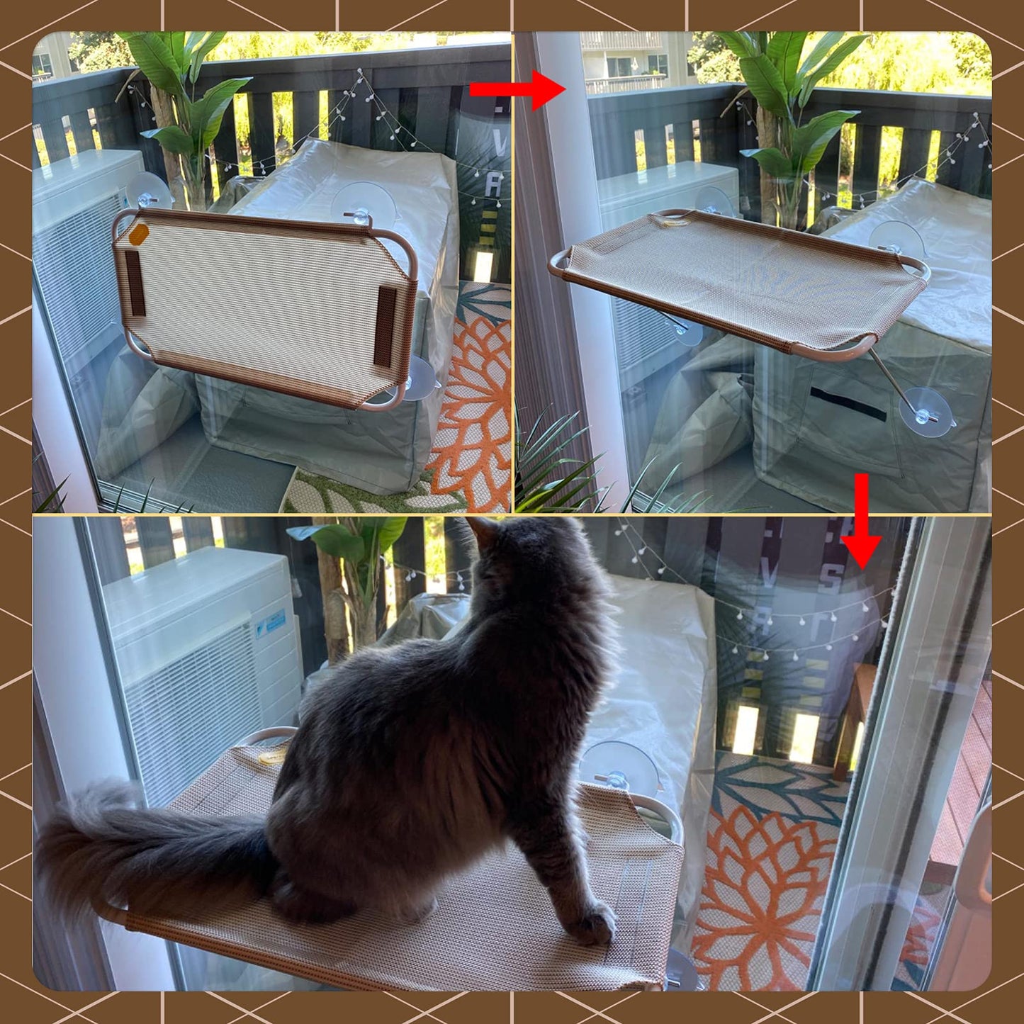 LSAIFATER All Around 360° Sunbath and Lower Support Safety Iron Cat Window Perch, Cat Hammock Window Seat for Any Cats (L, Brown)