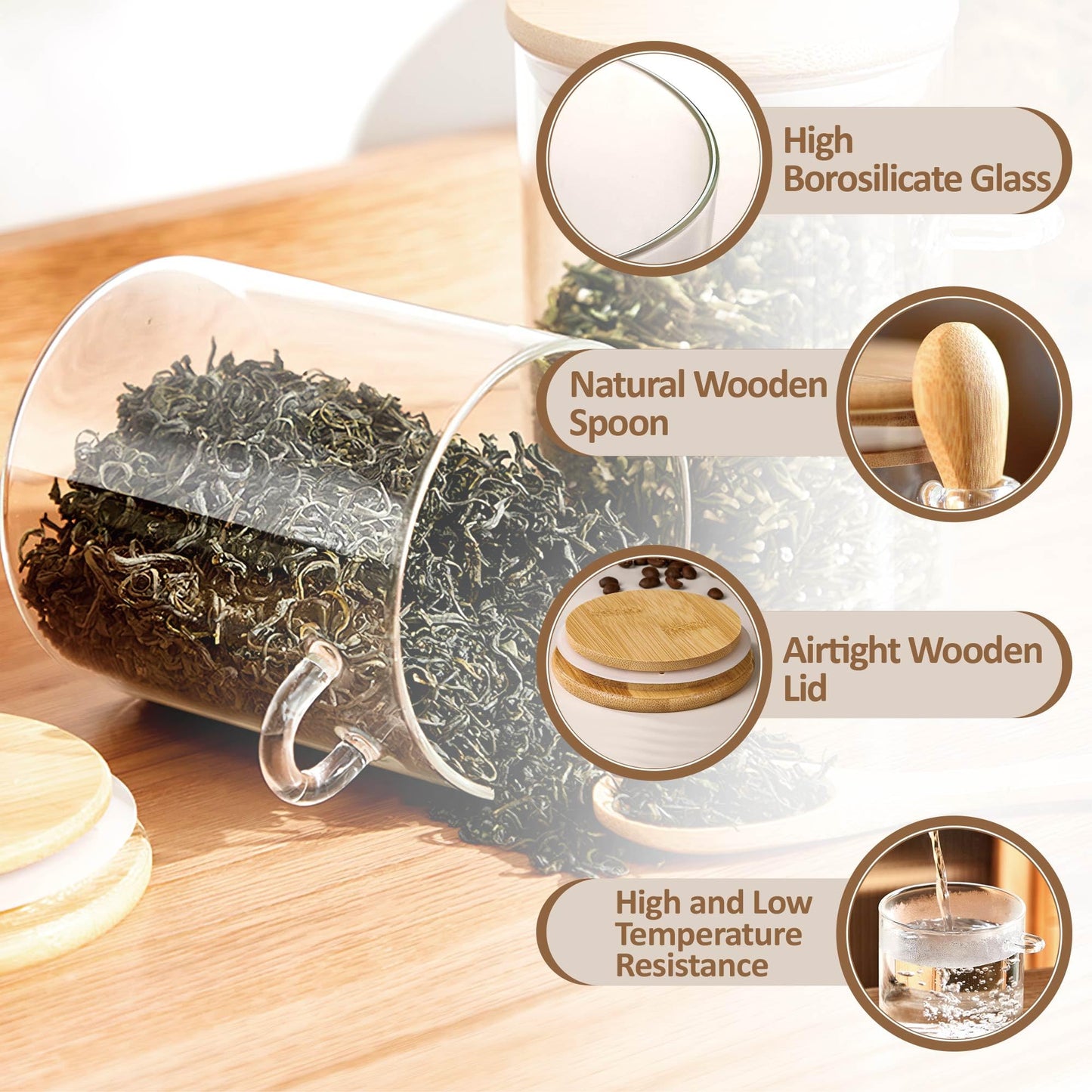 MOLADRI 15 oz/450 ml Glass Storage Canister with with Airtight Lid, Cute Clear Decorative Container Jar with Wooden Spoon for Coffee Spice Candy Salt Cookie Condiment Sugar Matcha Tea Overnight Oats