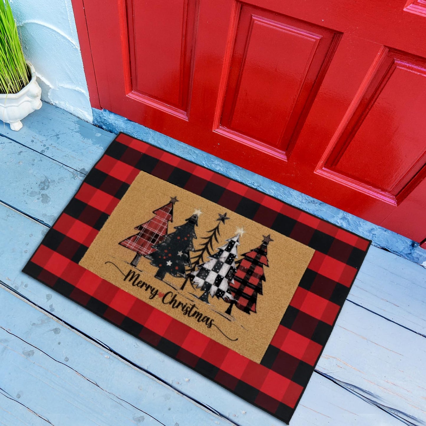 WinnerWhy 2 Pcs Christmas Front Porch Rug Buffalo Plaid Christmas Front Door Mats Imitation Coco Coir Xmas Welcome Layering Rugs for Outdoor Home Winter Festival Holiday Farmhouse Decor, 28 x 43 Inch