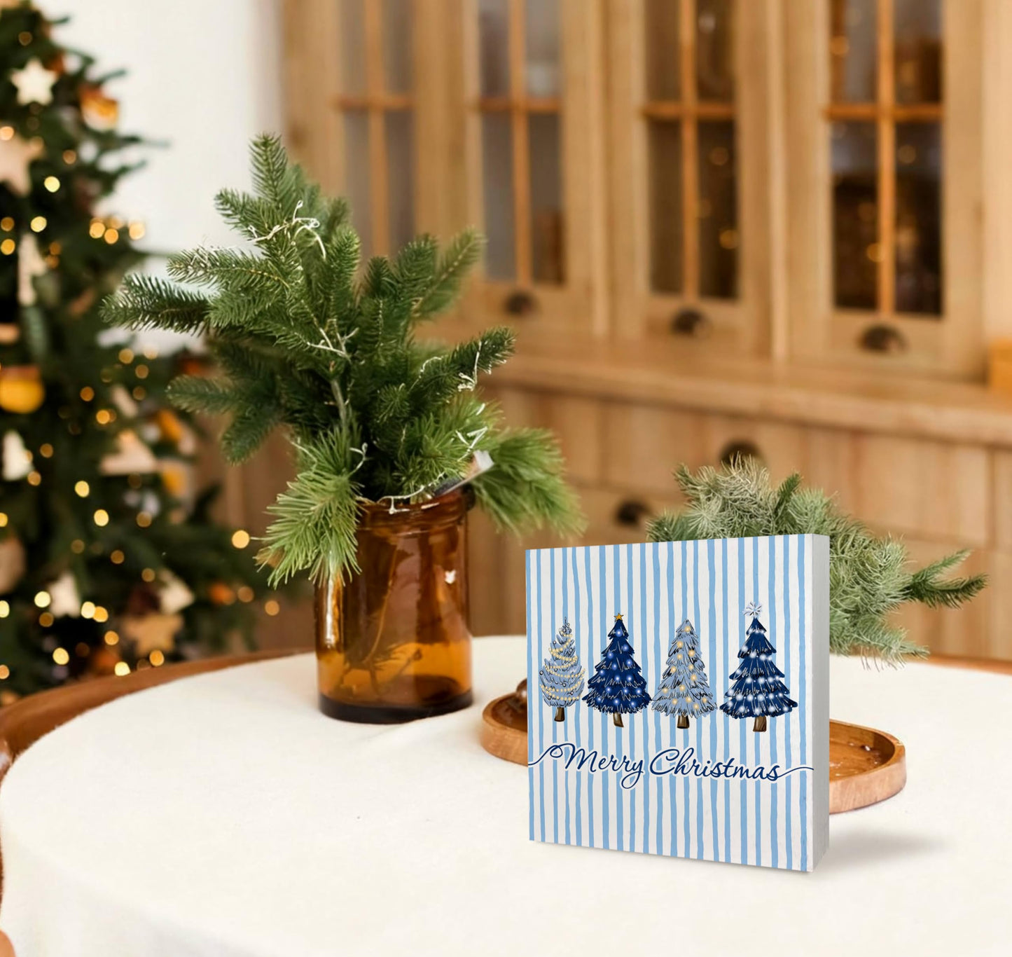 KEUSPI Navy Blue Merry Christmas Tree Wooden Box Sign, Christmas Tree Decor, Xmas Navy Blue Striped Winter Wood Box Block Sign for Home Office Desk Tabletop Shelf Decoration 5x5 Inch