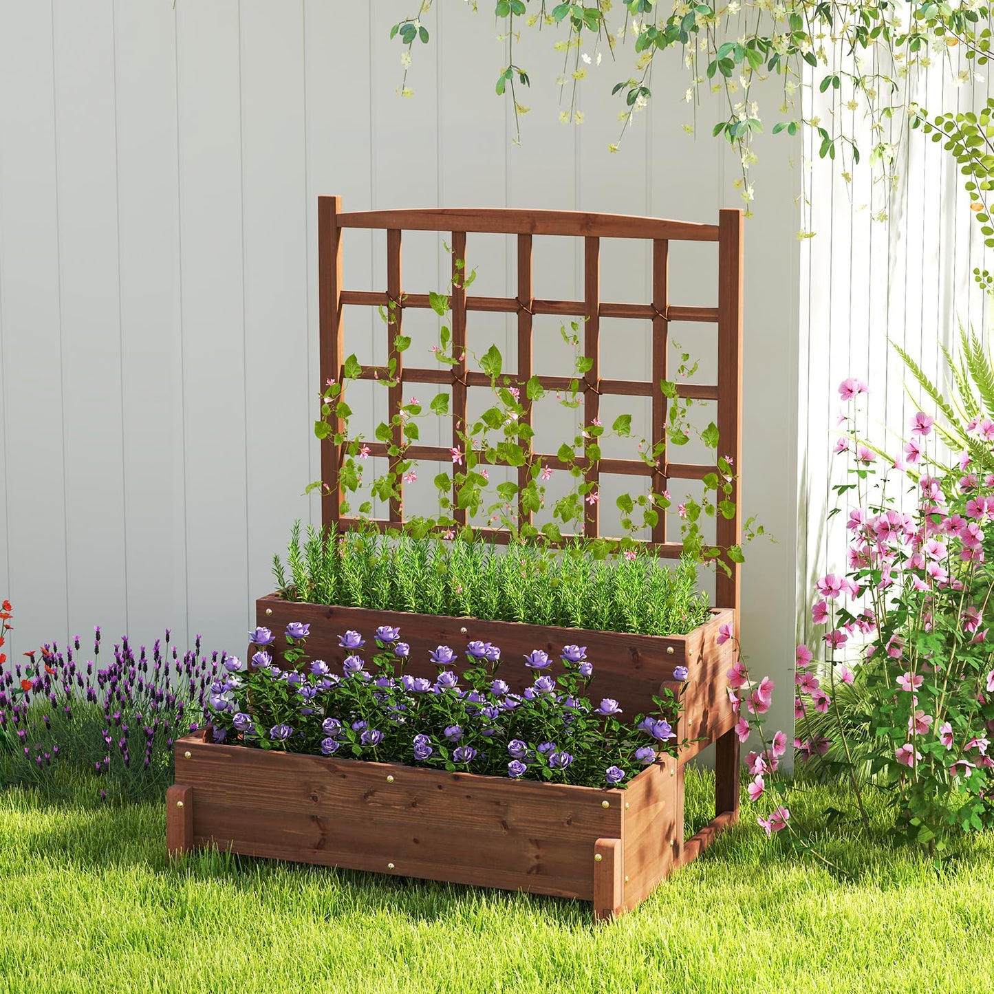 Giantex 2 Pcs Raised Garden Bed with Legs and Trellis, 2-Tier Standing Planter Box with Drain Holes, Outdoor Elevated Garden Trellis for Vine Climbing, Flower Vegetable Fruit Herb Growing