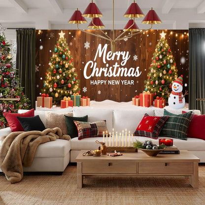 HOMETITUTE Christmas Garage Door Banner 13x6ft Merry Christmas Happy New Year Green Trees Snowman Gift Boxes Holiday Outdoor Indoor Decor Seasonal Party Backdrop