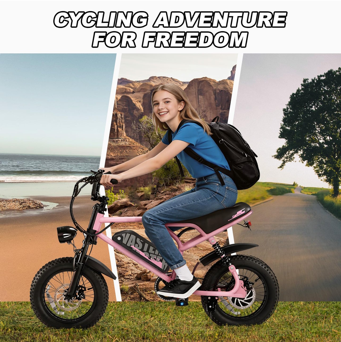 VDL Mountain Electric Bike for Teenager, 16" Fat Tire Ebike, Wider Seat 800W Peak Motor, Removable Battery, Front Fork Suspension, 20MPH, UP to 35 Miles Mountain Ebike, Black-Pink