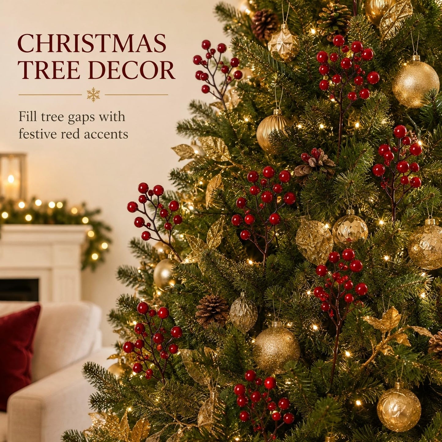 RAINFLOW Red Berry Stems for Christmas Tree - 12 Pcs Artificial Holly Berries 8 Inch Berry Branches No Shedding for Wreath Garland Holiday Home Decor Indoor Outdoor
