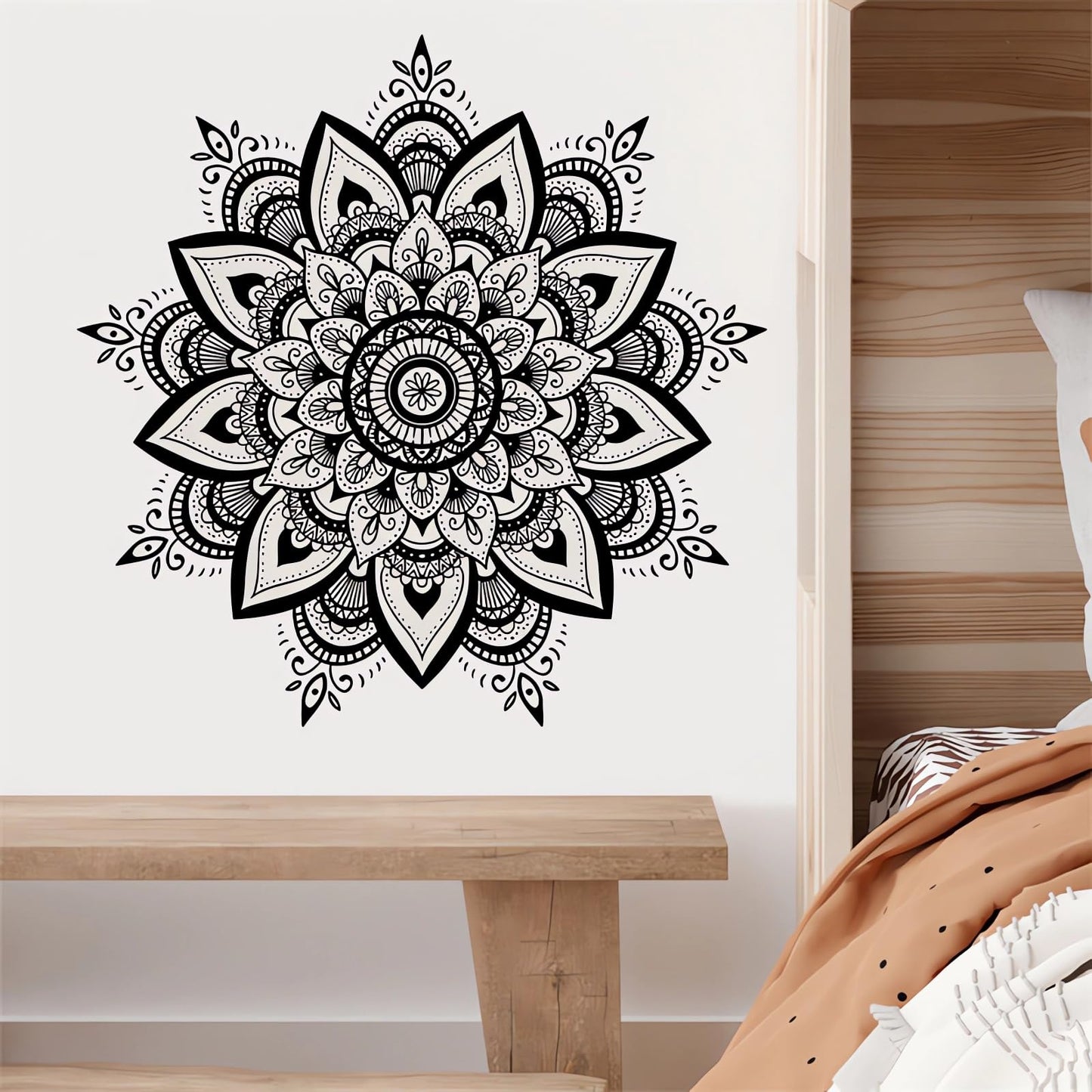 Black Mandala Wall Stickers, Boho Mandala Indian Namaste Flower Wall Decals Datura Stramonium Removable Vinyl Peel and Stick Living Room Bedroom Sofa TV Background Art Home Decor