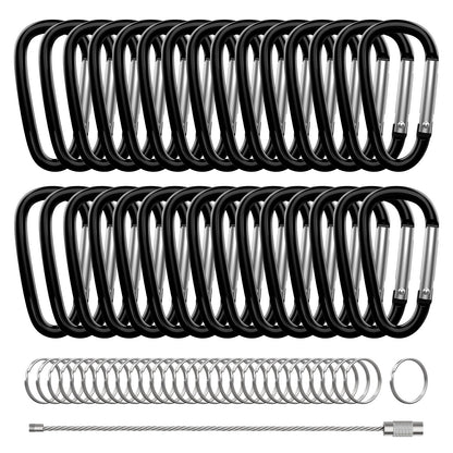 XIECHANEE 30PCS Aluminum Carabiner Clips, 2" D Shape Spring Snap Hooks Carabiner with 30PCS Keyring Keychain Hook, Black