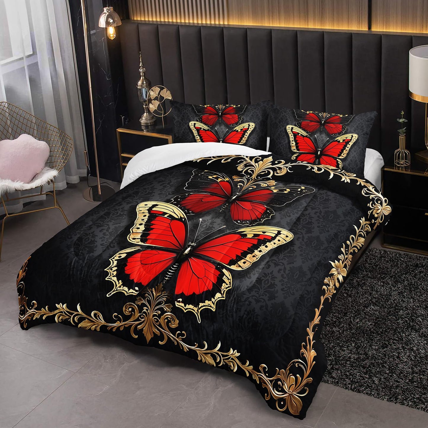 lneffble Red and Gold Butterfly Comforter Sets Queen Size Bed Set，Gothic Queen Size Bedding Set，with 1 Comforter with 2 Pillow Case，Butterfly Themed Bedroom Decor