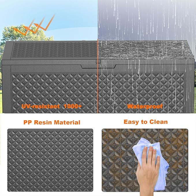 110 Gallon Resin Deck Box, Lockable Patio Outdoor Storage Box for Furniture, Garden Tools and Tools Storage, Waterproof Outside Storage Boxes - Patterned black