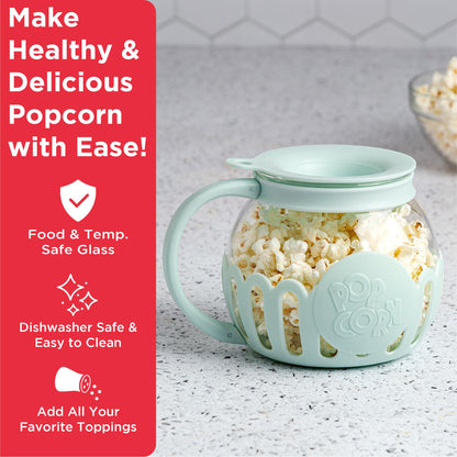 Ecolution Patented Micro-Pop Microwave Popcorn Popper with Temperature Safe Glass, 3-in-1 Lid Measures Kernels and Melts Butter, Made Without BPA, Dishwasher Safe, 3-Quart, Aqua